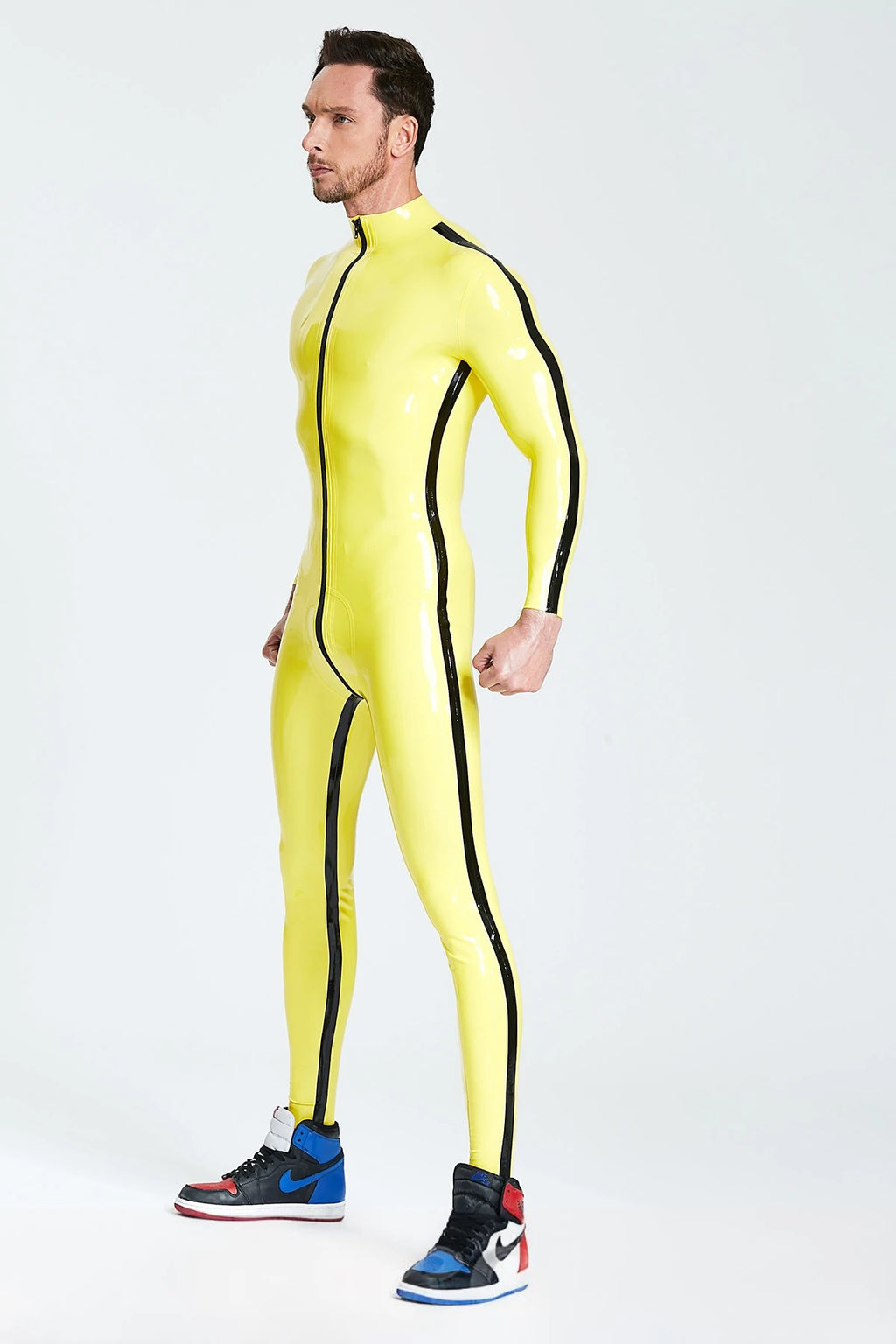 Yellow, trim color is Black Male Contrast Strips Latex Catsuit