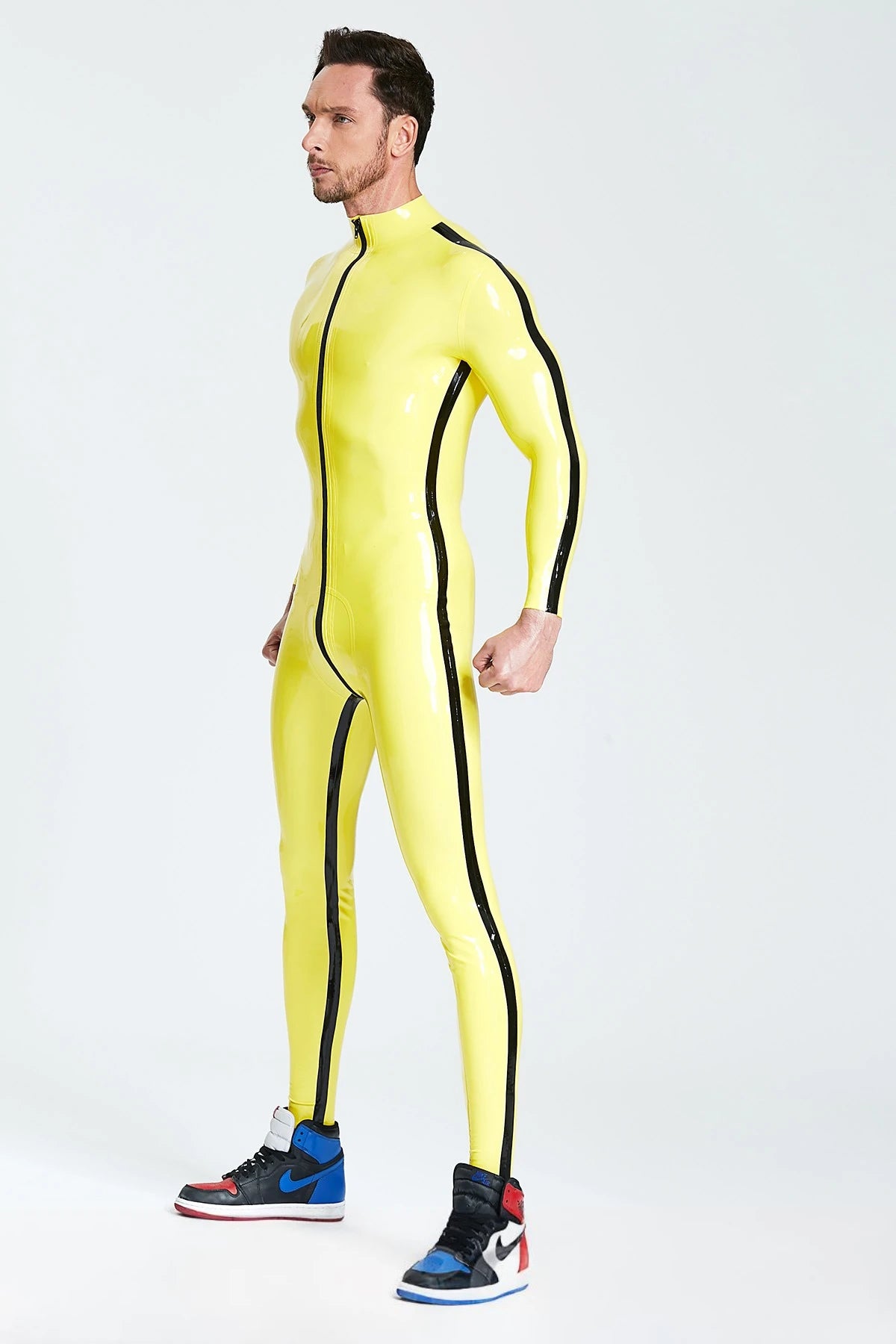 Yellow, trim color is Black Male Contrast Strips Latex Catsuit
