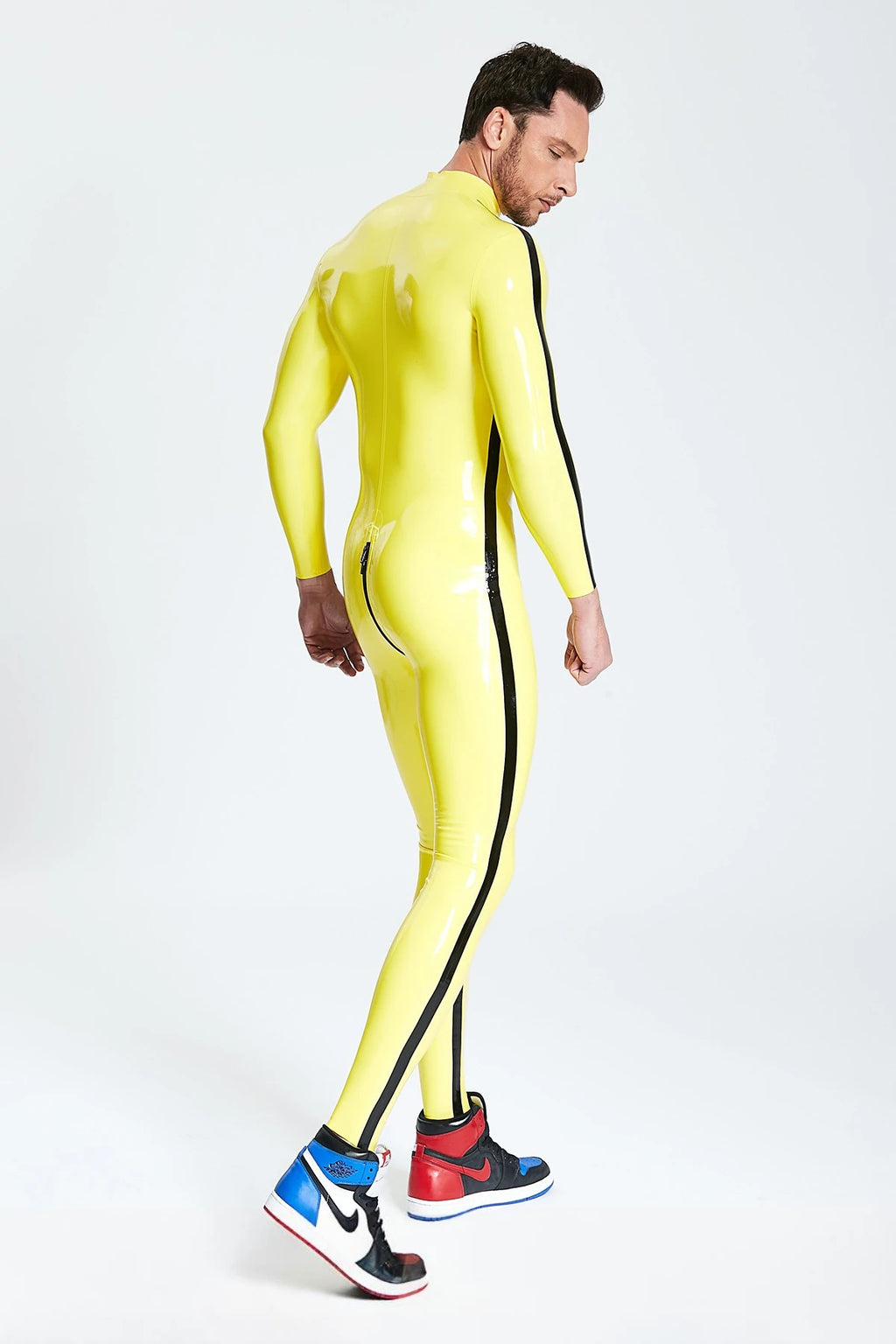 Yellow, trim color is Black Male Contrast Strips Latex Catsuit