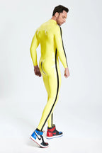 Yellow, trim color is Black Male Contrast Strips Latex Catsuit