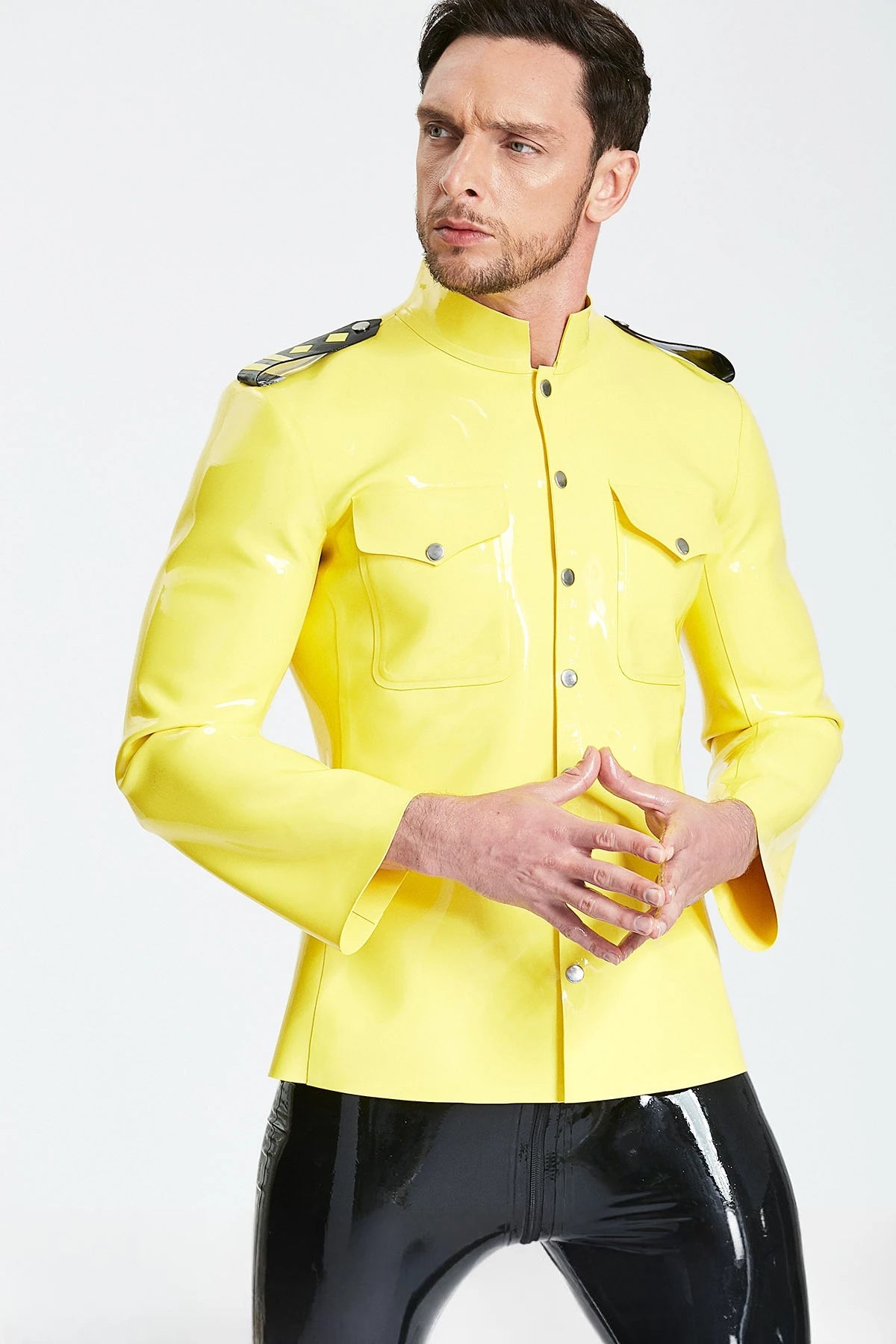 Yellow, trim color is Black Male 'Maritime' Latex Jacket