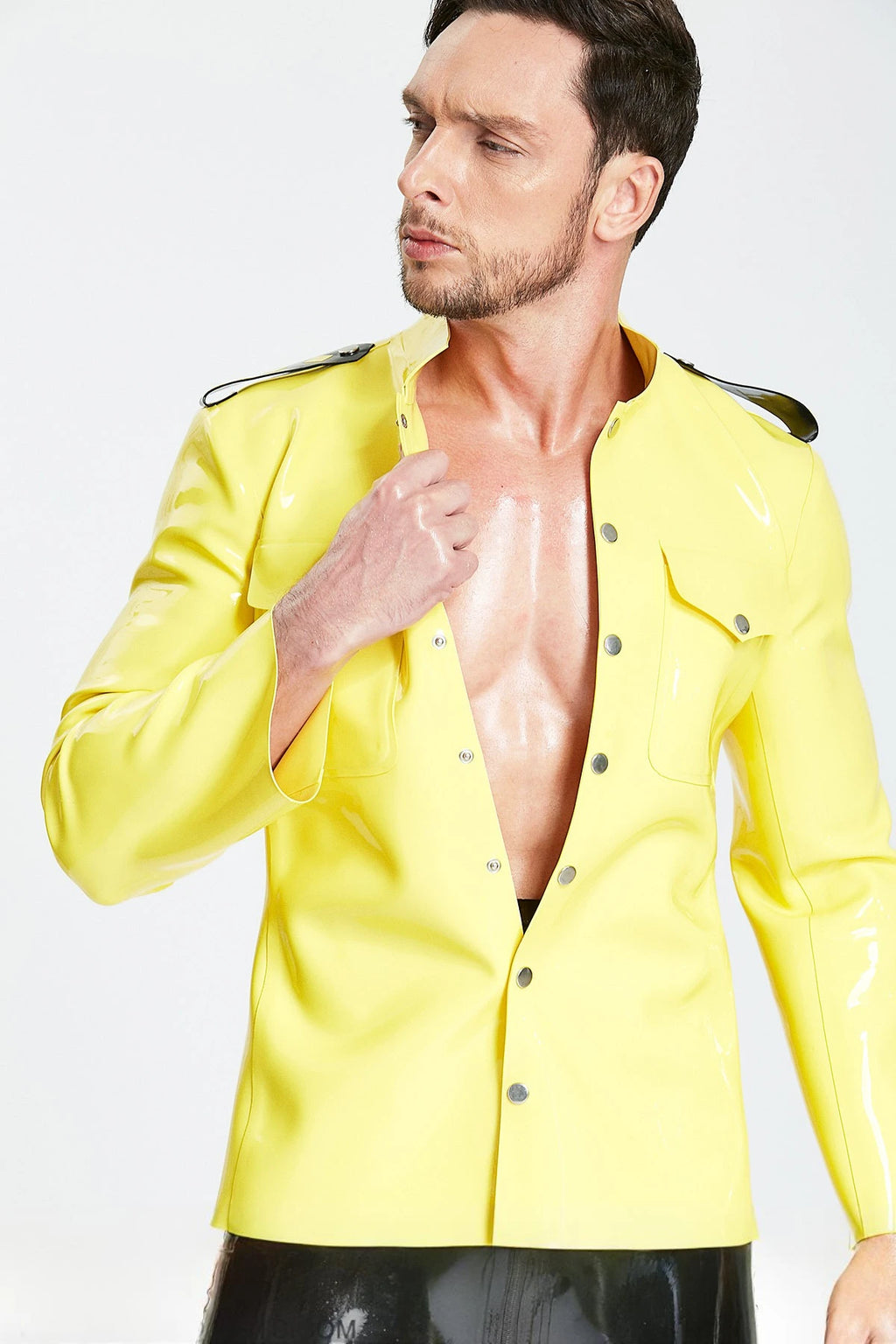 Yellow, trim color is Black Male 'Maritime' Latex Jacket