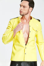Yellow, trim color is Black Male 'Maritime' Latex Jacket
