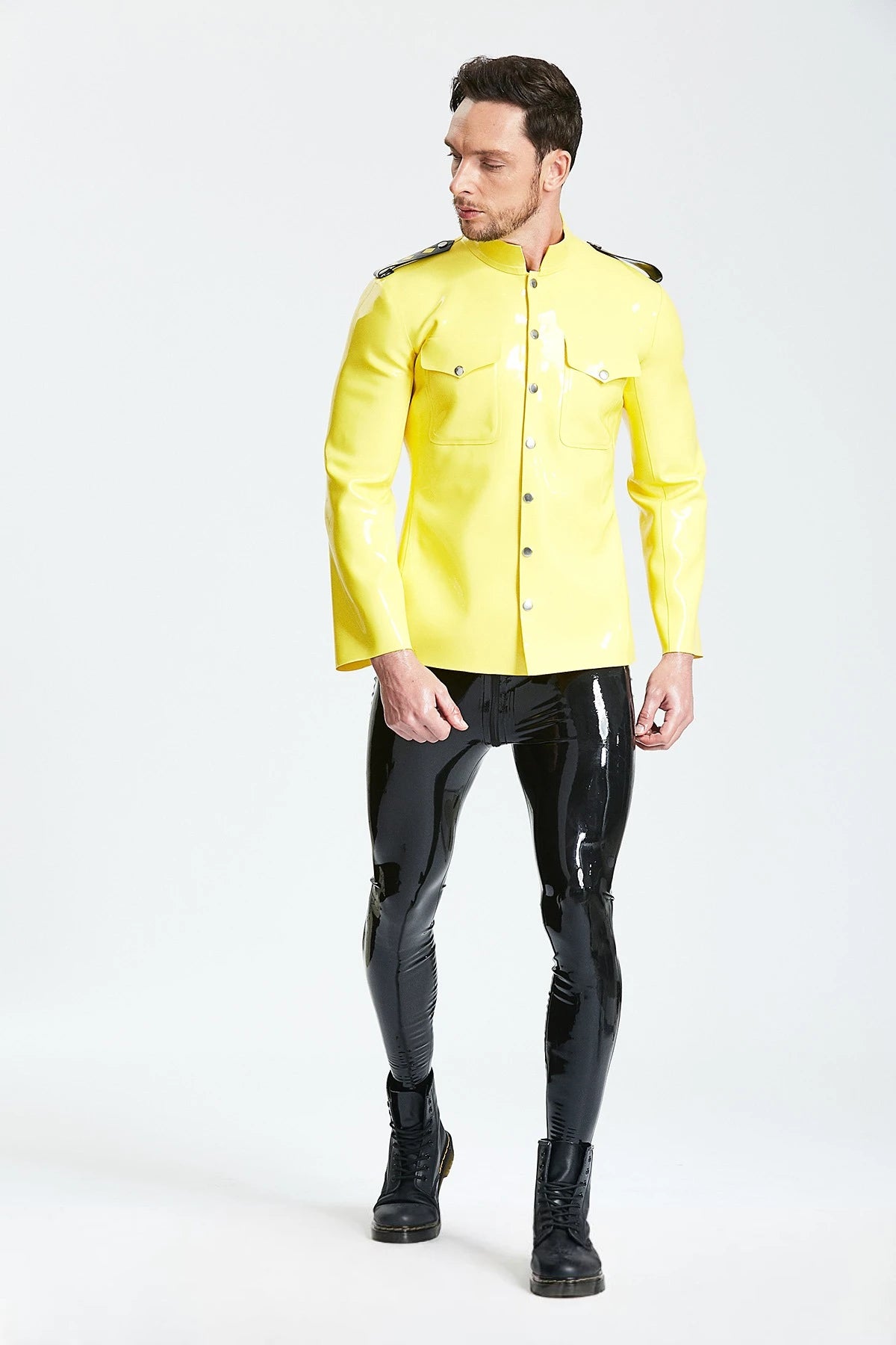 Yellow, trim color is Black Male 'Maritime' Latex Jacket