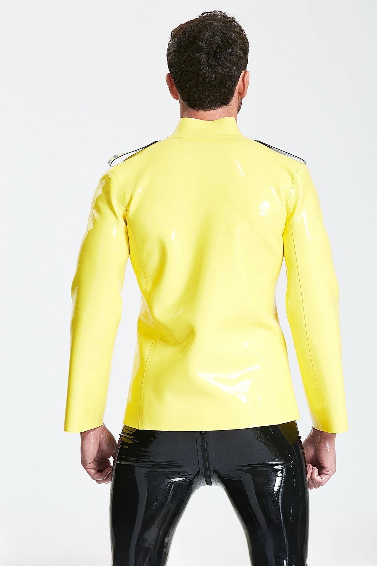 Yellow, trim color is Black Male 'Maritime' Latex Jacket