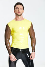 Yellow Male Long-Sleeved Wide-Neck Latex T-Shirt