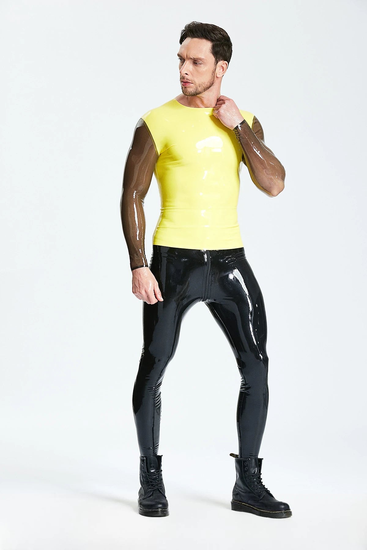 Yellow Male Long-Sleeved Wide-Neck Latex T-Shirt